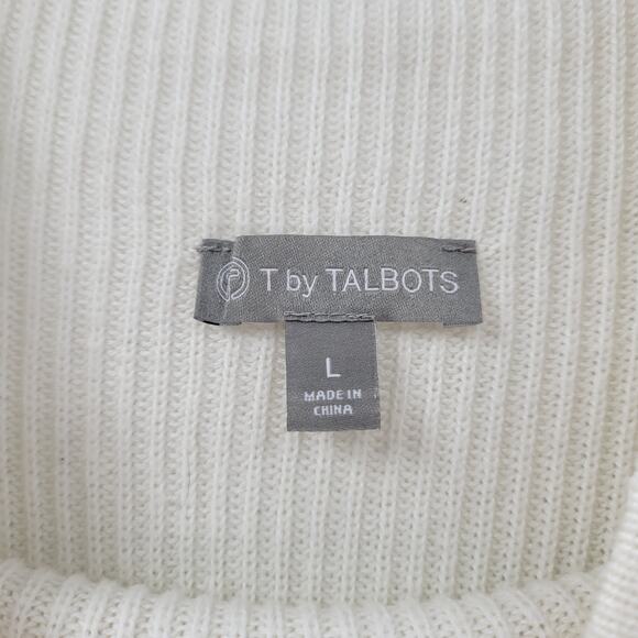 T by Talbots Womens Sweater Large Ivory Drawstring Cowlneck Waffle Knit Pullover - Picture 13 of 13